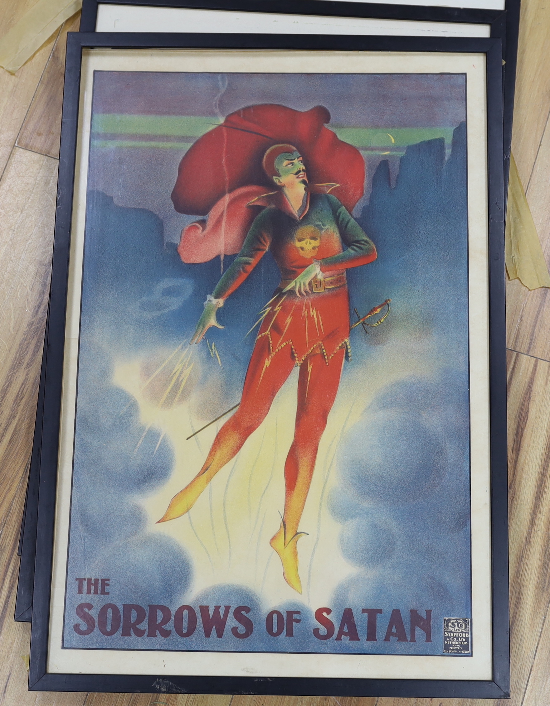 Three vintage Stafford & Co. Ltd, Nottingham theatre posters, comprising 'The Sorrows of Satan', 'The Yeoman of the Guard' and 'Who is She?', 75 x 50cm